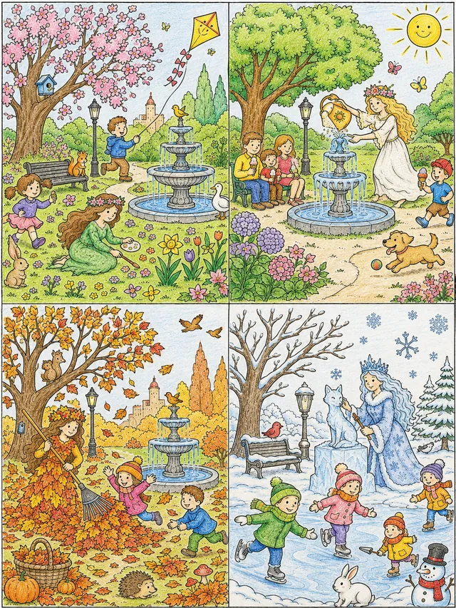 Wimmelbild涂色页：城市公园分为四个季节，每个季节有一个自然精灵和许多活动