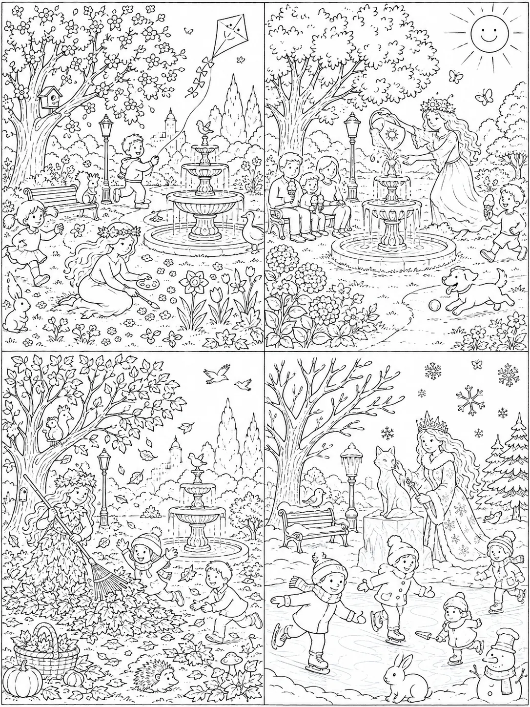 Wimmelbild रंग भरने का चित्र: शहर पार्क चार मौसमों में विभाजित, प्रत्येक में एक प्रकृति आत्मा और कई गतिविधियां