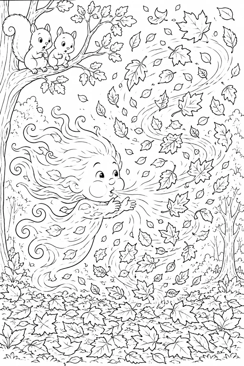 Ausmalbild: Windgeist bläst bunte Herbstblätter in eine riesige leuchtende Spirale, Eichhörnchen klammern sich an Äste