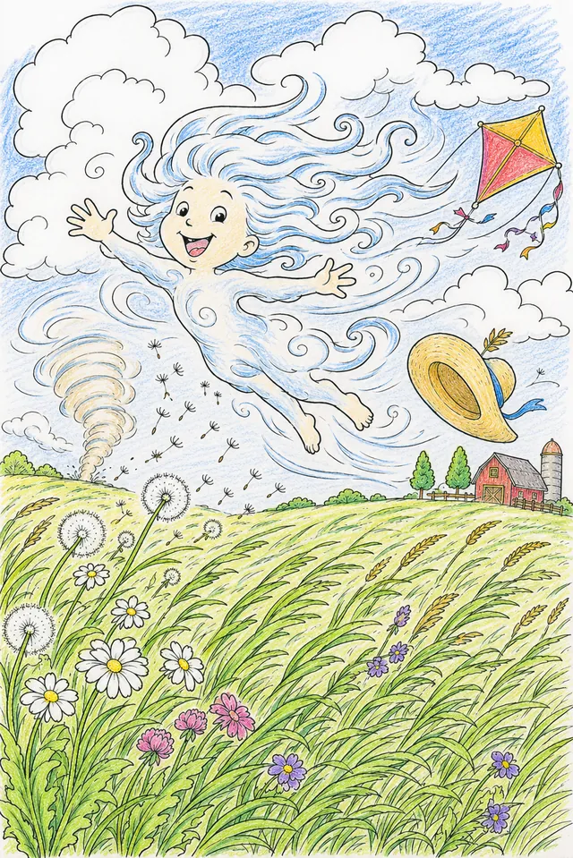 Ausmalbild: Transparentes Windgeist-Kind fliegt über Wiese, Grashalme neigen sich dramatisch im Wind