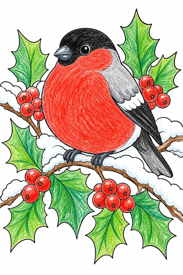 Ausmalbild: Klassisches Winter-Portrait eines Dompfaffs auf schneebeladener Stechpalme