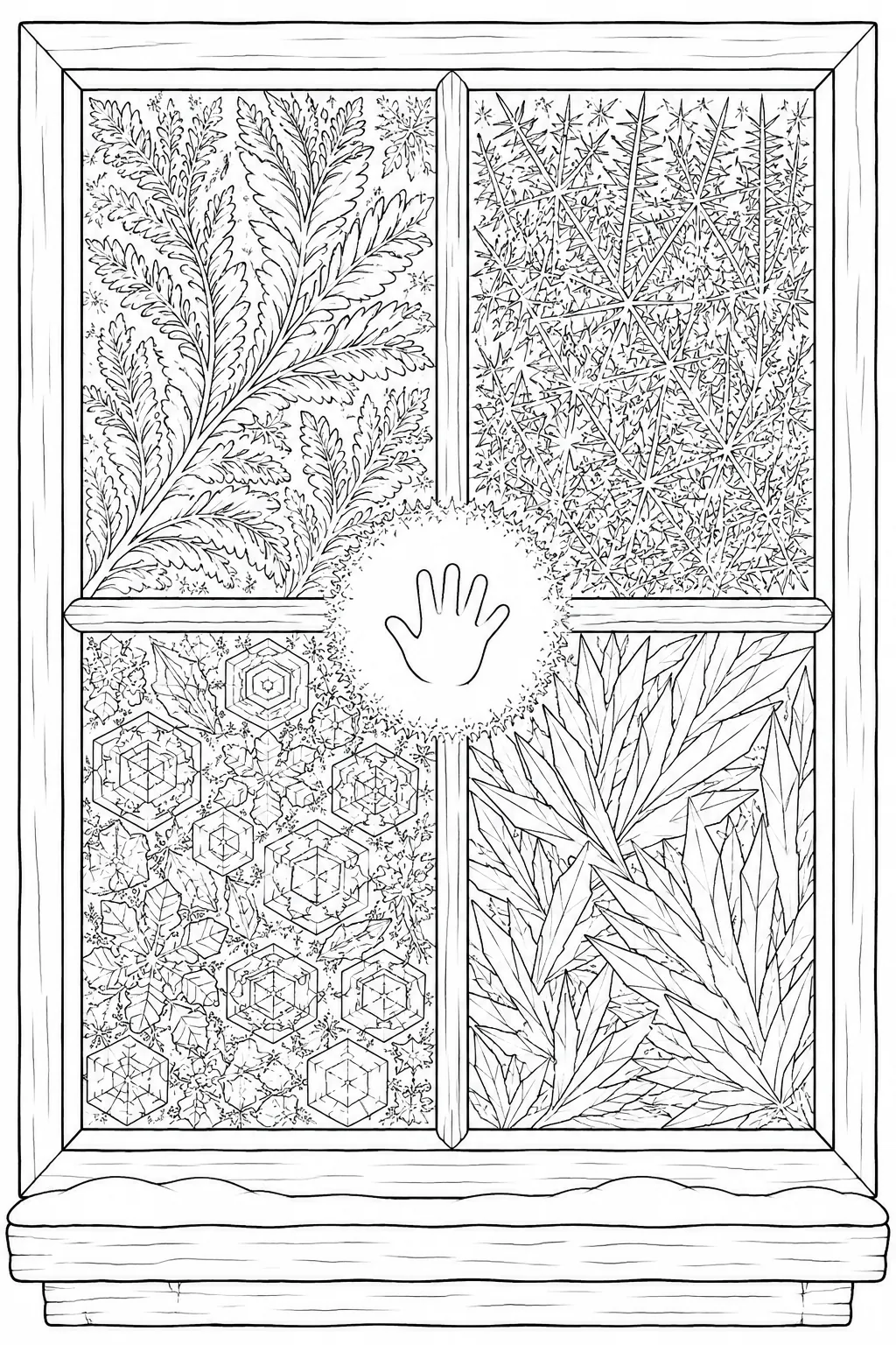 Ausmalbild: Altes Fensterglas mit vier verschiedenen Eisblumen-Kristall-Typen und Frostkind-Fingerabdruck