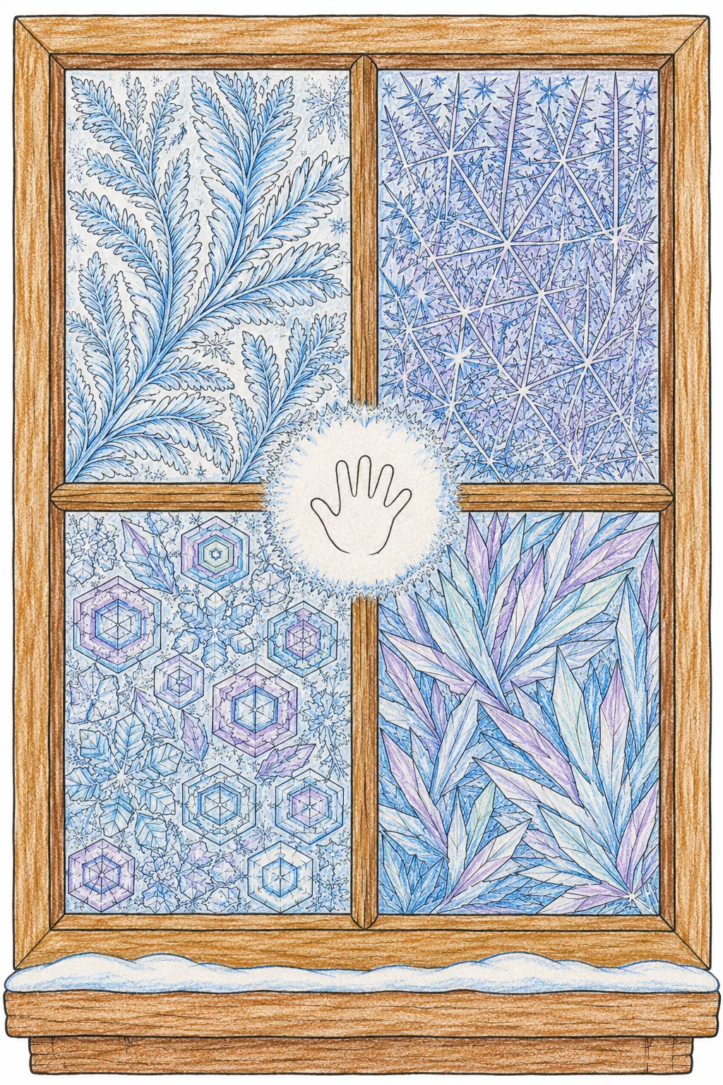 Eisblumen-Botanik-Studie: Detailstudie eines alten Fensters voller perfekter Eiskristall-Farnwedel
