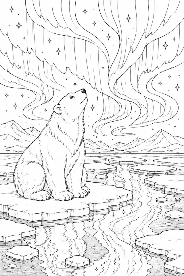 Eisbär-Geist sitzt ehrfürchtig unter dem tanzenden Polarlicht der Arktis