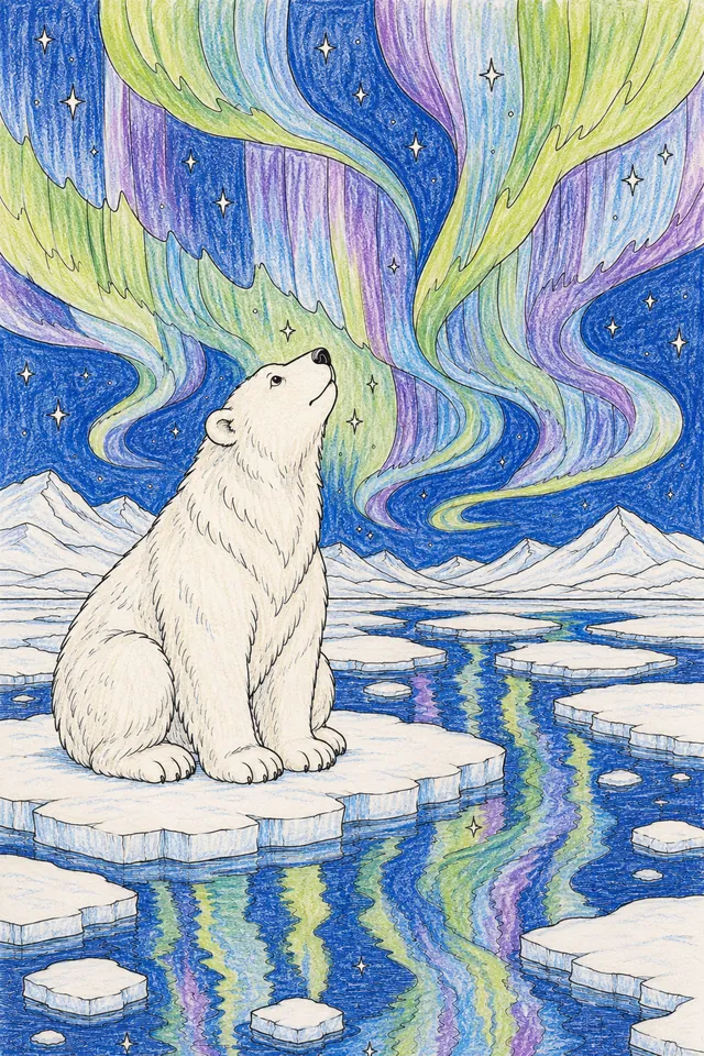 Eisbär-Geist sitzt ehrfürchtig unter dem tanzenden Polarlicht der Arktis – So könnte es aussehen