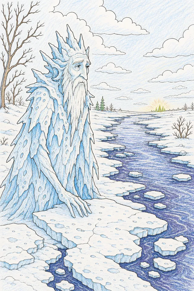 Ausmalbild: Erschöpfter Eisgeist steht am schmelzenden Fluss und schaut auf das erste Frühlingsleuchten