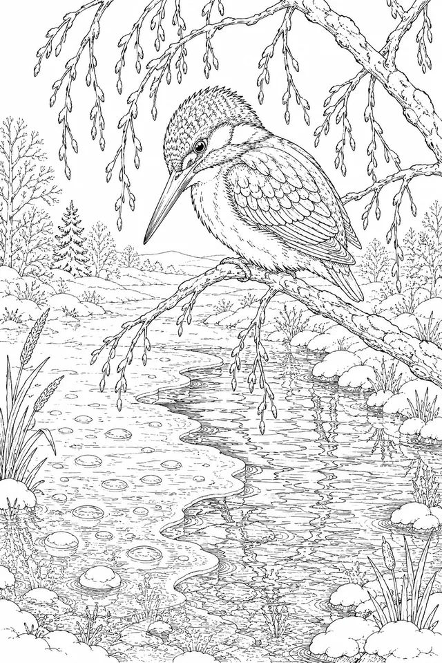 Eisvogel-Geist thront auf einem Ast über dem halb-gefrorenen Winter-Teich