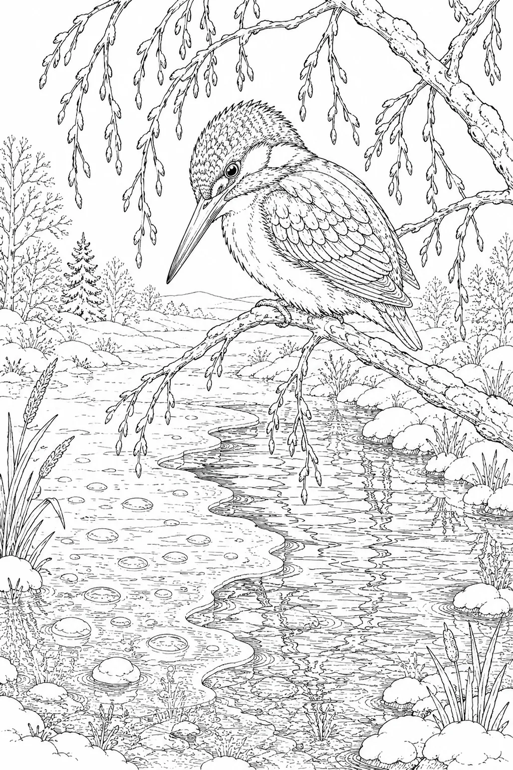 Ausmalbild: Leuchtend bunter Eisvogel-Geist auf kahlem Ast über halb-gefrorenem Winterteich