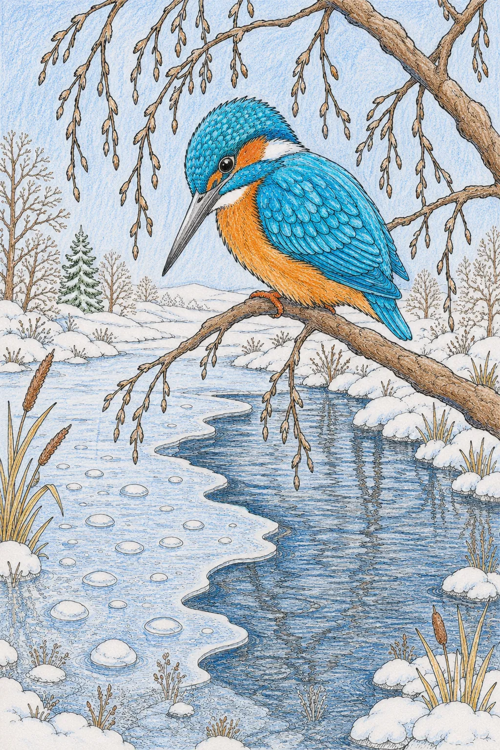 Eisvogel-Geist thront auf einem Ast über dem halb-gefrorenen Winter-Teich