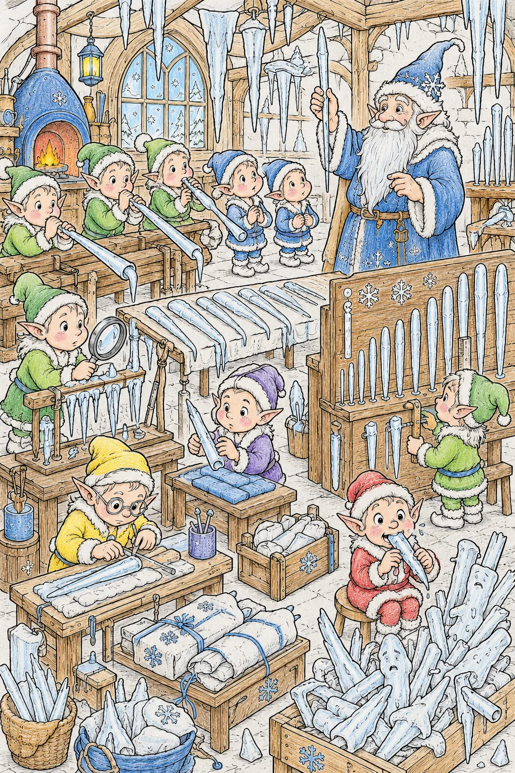 Eiszapfen-Werkstatt-Wimmelbild: Der große Eiszapfen-Meister und seine Lehrlings-Geister formen perfekte Eiszapfen