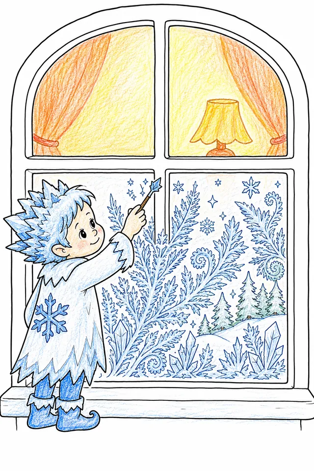 Ausmalbild: Frostkind malt das letzte Frost-Fenstermuster der Saison mit warmem Licht von innen