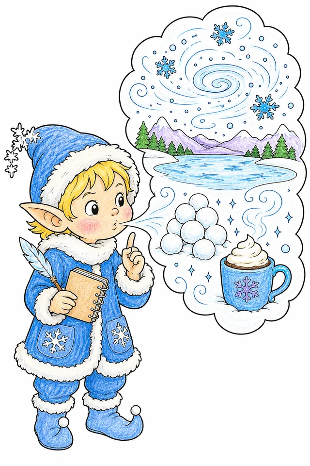 Ausmalbild: Frostkind schaut ernst auf seine riesige Atemwolke mit Winterprophezeiungen