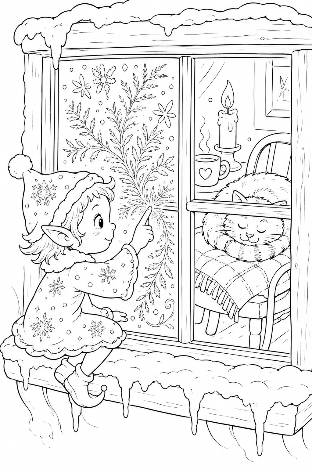 Ausmalbild: Frostkind zeichnet Eiskristall-Muster auf Fensterscheibe, drinnen Kerzenlicht