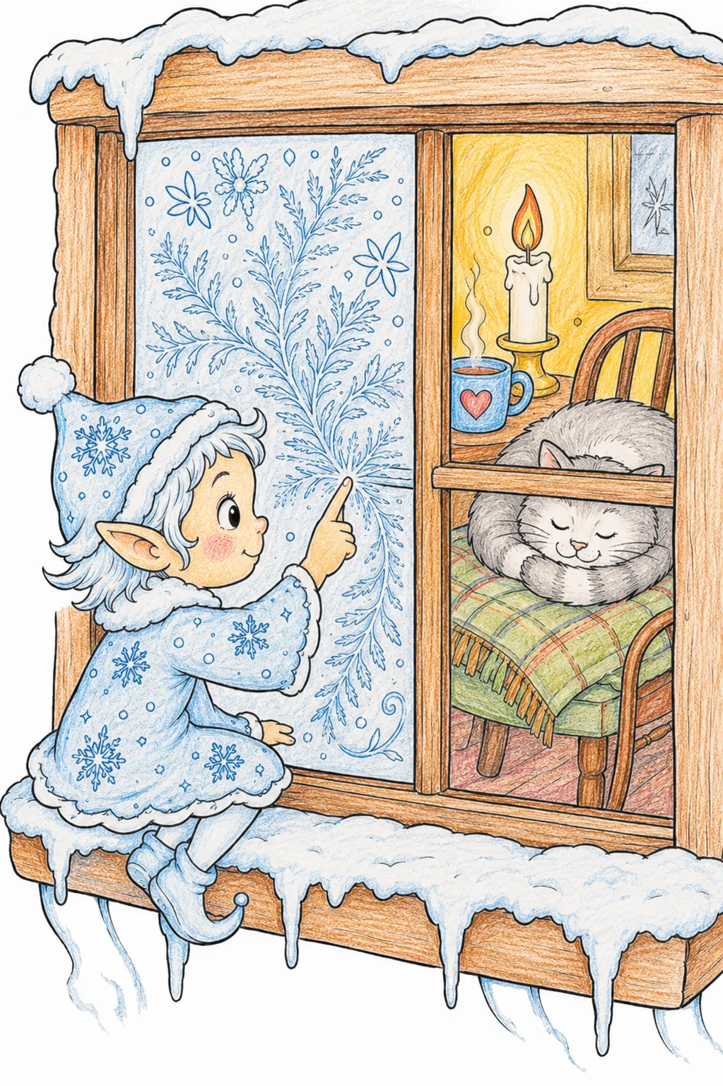Frostkind zeichnet mit dem Fingernagel Eiskristall-Muster auf die Fensterscheibe