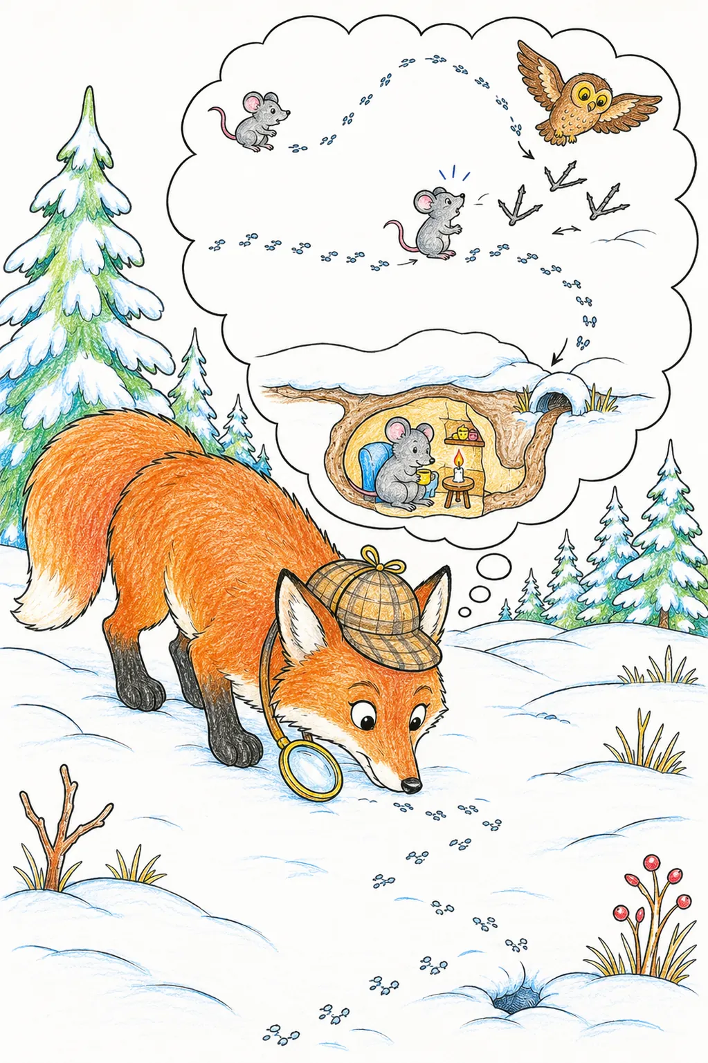 Fuchs-Detektiv liest Tierspuren im Schnee und findet das Mauseloch
