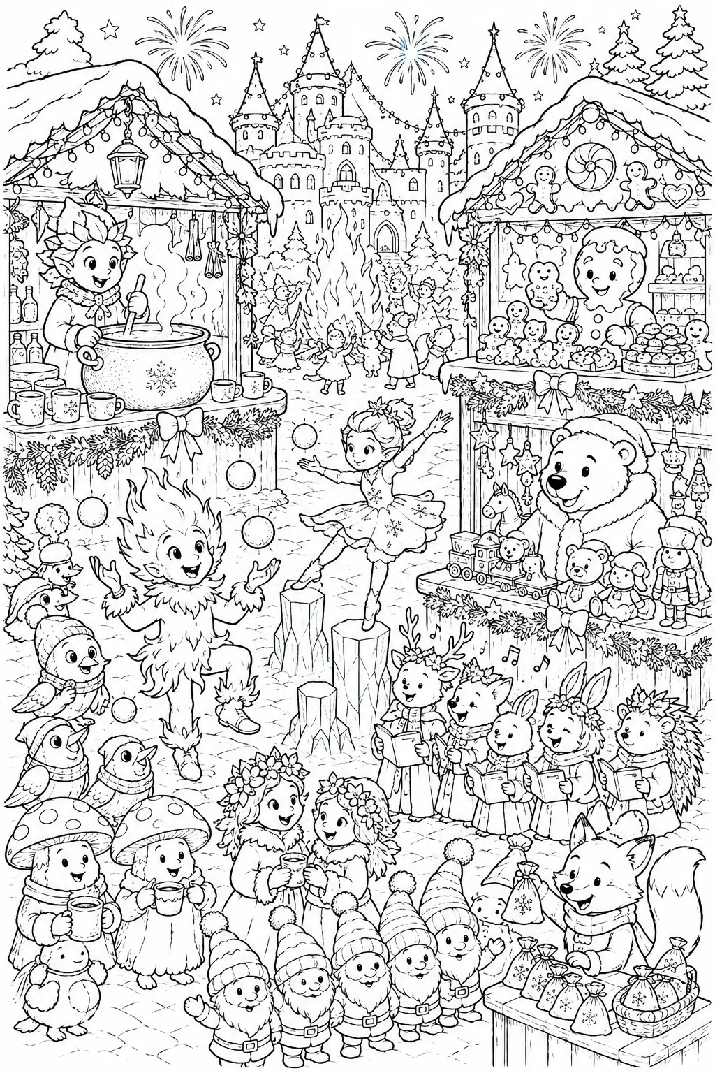 Wimmelbild रंग भरने का चित्र: रोशन स्टॉलों पर विभिन्न मौसमों की प्रकृति आत्माओं के साथ व्यस्त शीतकालीन बाजार