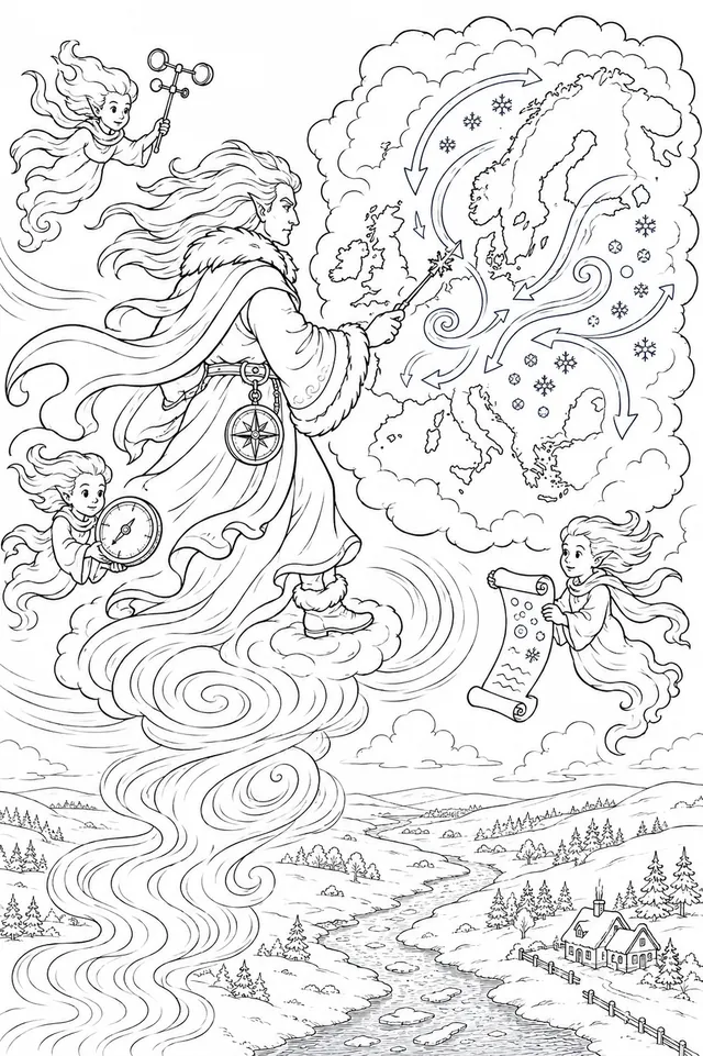 Nordwind-Reiter auf einem Wirbelwind kartographiert die Winterstürme auf einer Karte aus Wolken