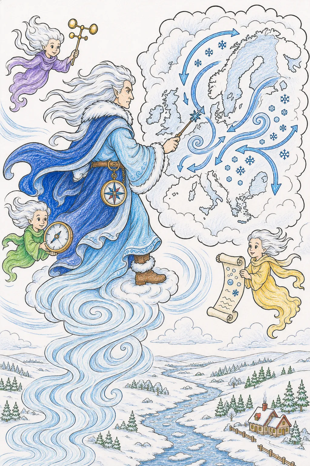 Nordwind-Reiter auf einem Wirbelwind kartographiert die Winterstürme auf einer Karte aus Wolken