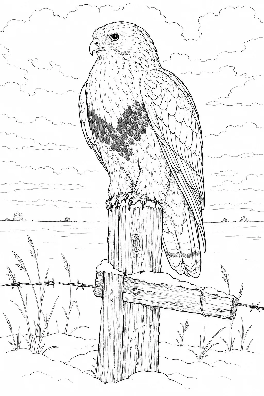 Ausmalbild: Raufußbussard-Geist sitzt bewegungslos auf kahlem Grenzpfahl über verschneitem Winterfeld