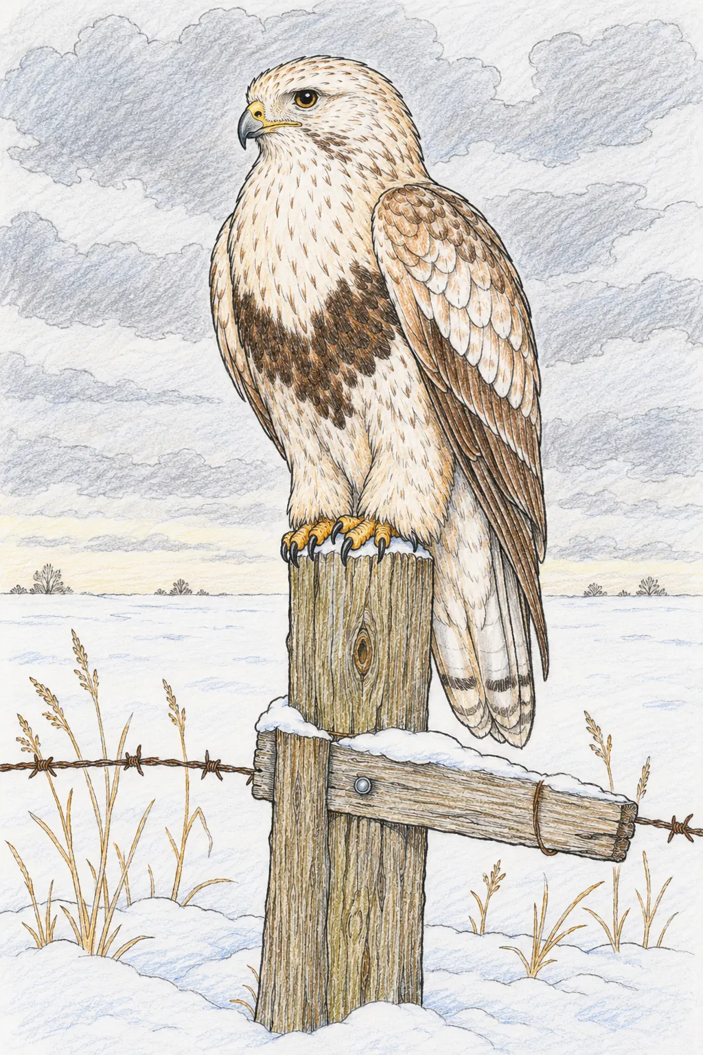 Raufußbussard-Geist hält stummen Winter-Wacht auf dem letzten kahlen Grenzpfahl