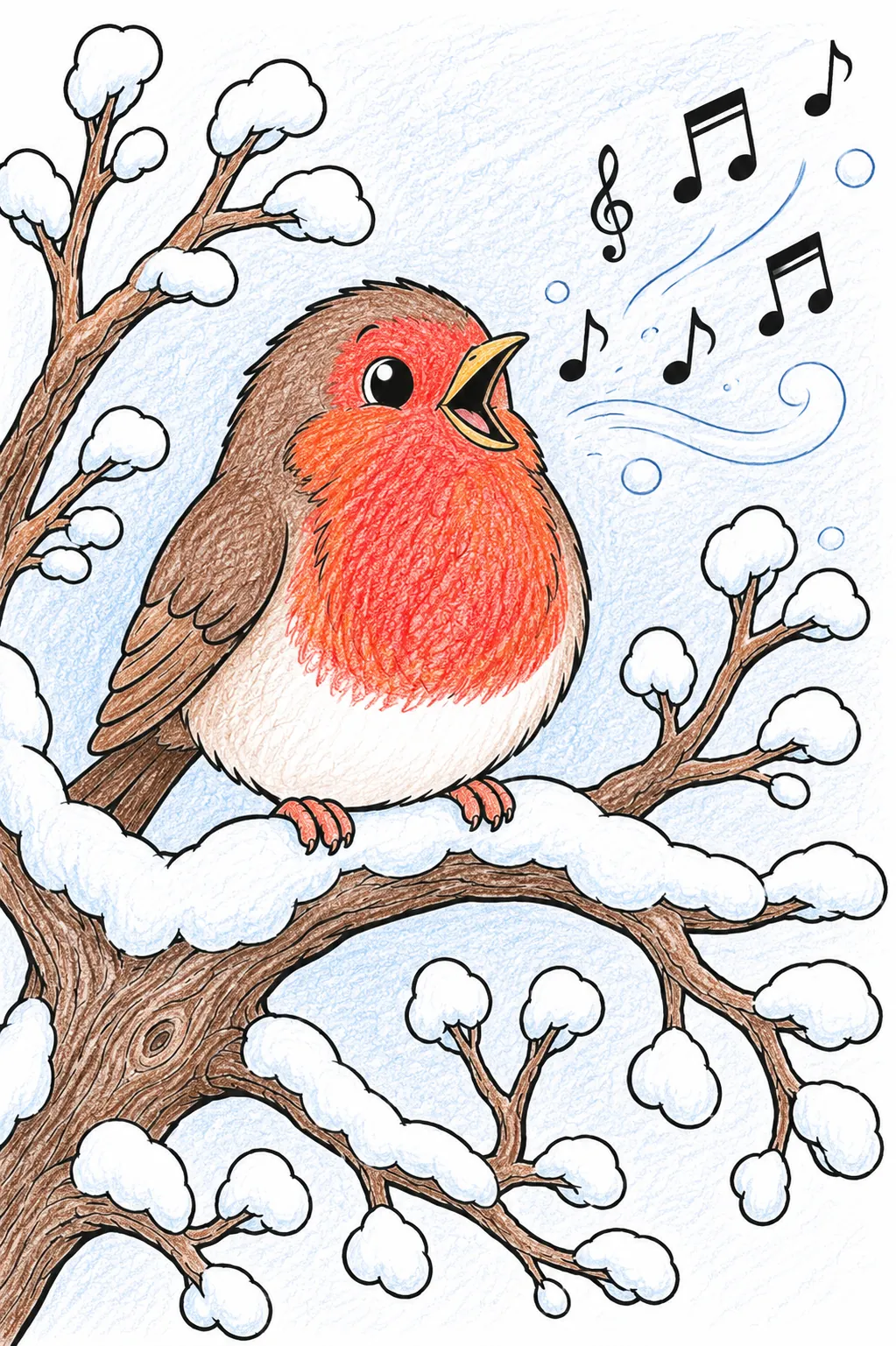 Rotkehlchen-Geist singt sein Winterlied auf einem verschneiten Holunder-Ast