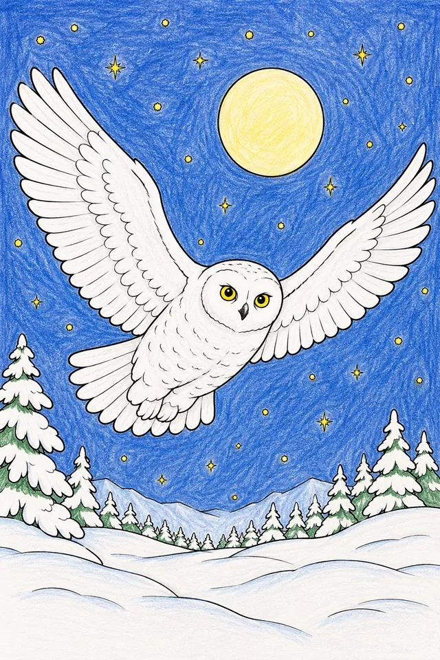 Ausmalbild: Weiße Schneeeule-Geist fliegt lautlos durch Vollmond-Winternacht