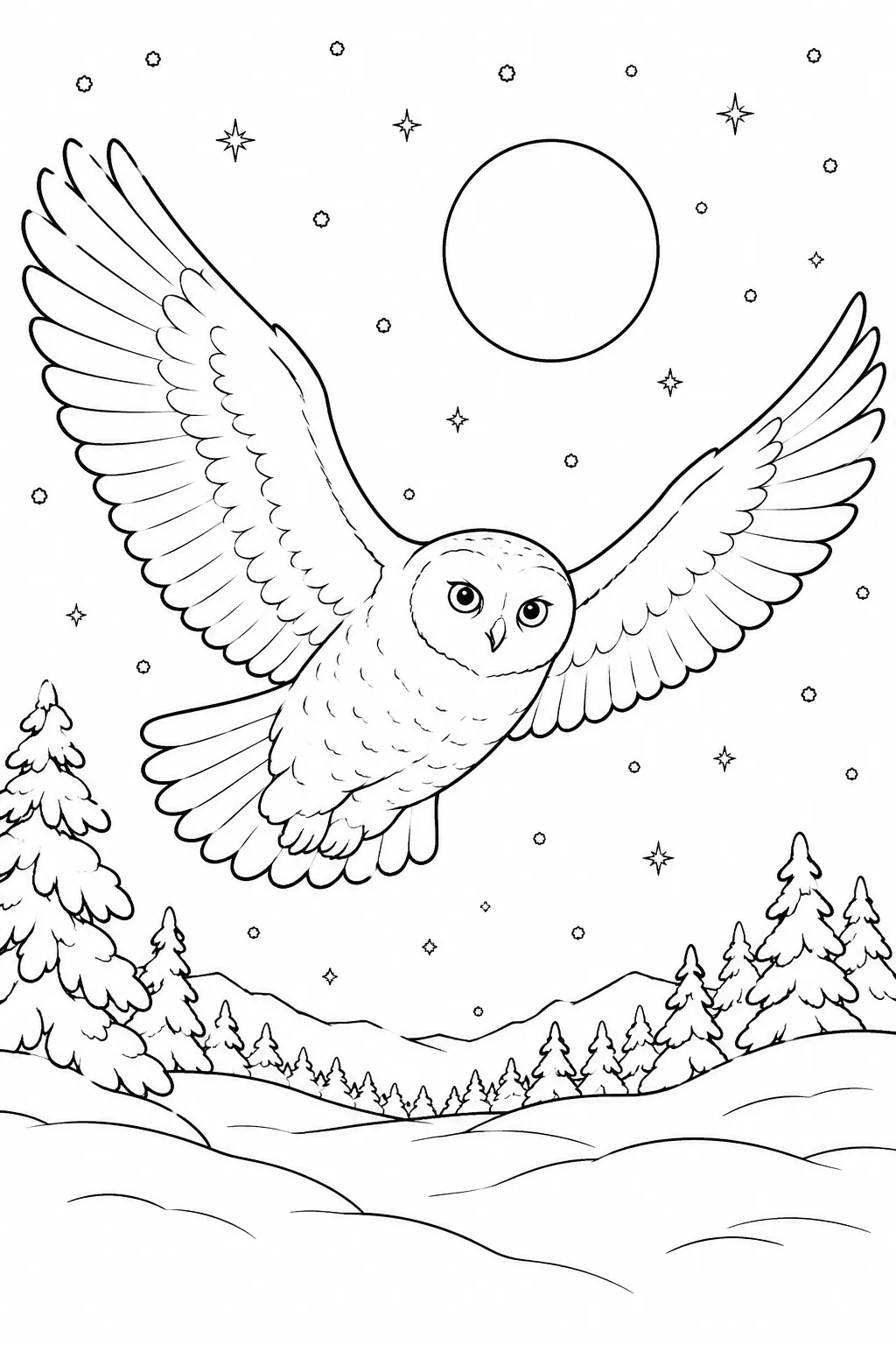 Ausmalbild: Weiße Schneeeule-Geist fliegt lautlos durch Vollmond-Winternacht