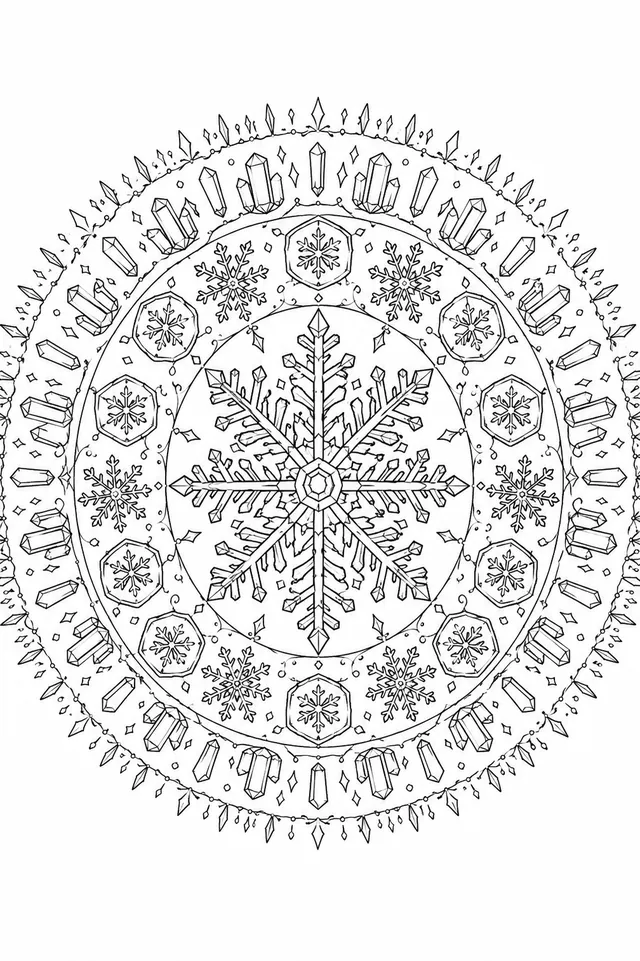Winter-Schneeflocken-Mandala: Zwölf perfekte Kristallsterne im konzentrischen Kreis