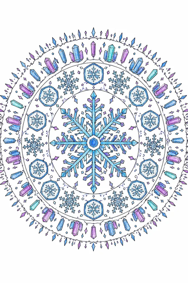 Ausmalbild: Symmetrisches Winter-Schneeflocken-Mandala mit drei Ringen verschiedener Kristalltypen