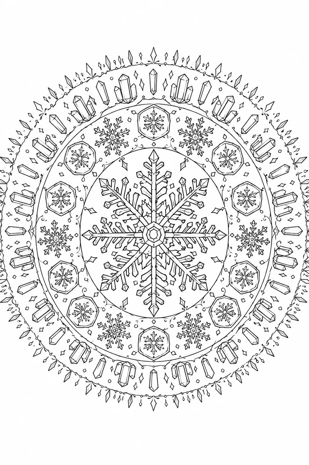 涂色页：有三圈不同类型晶体的对称冬天雪花曼陀罗