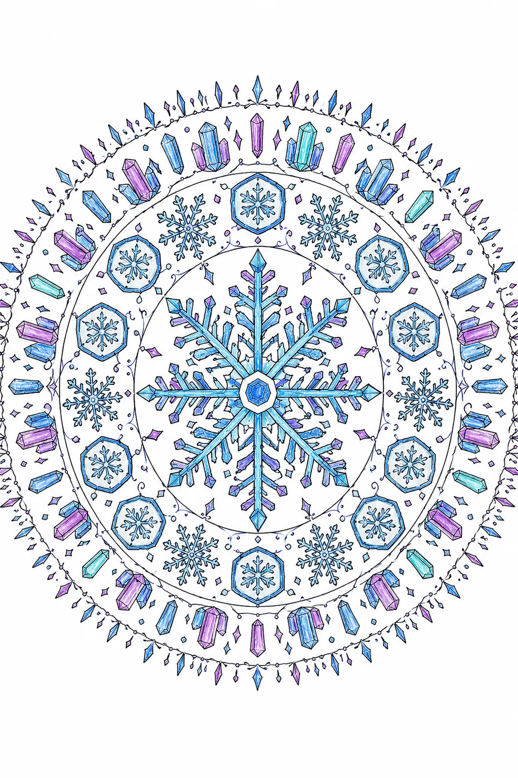 冬天雪花晶体曼陀罗：同心圆中的十二个完美晶体星