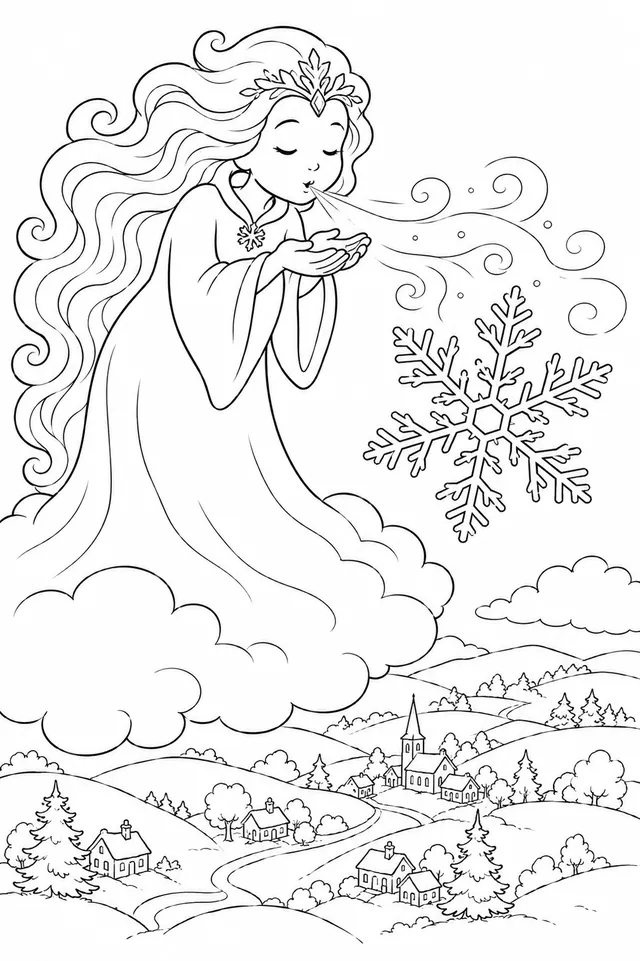 Schneegeist bläst die allererste Schneeflocke des Winters aus seiner hohlen Hand