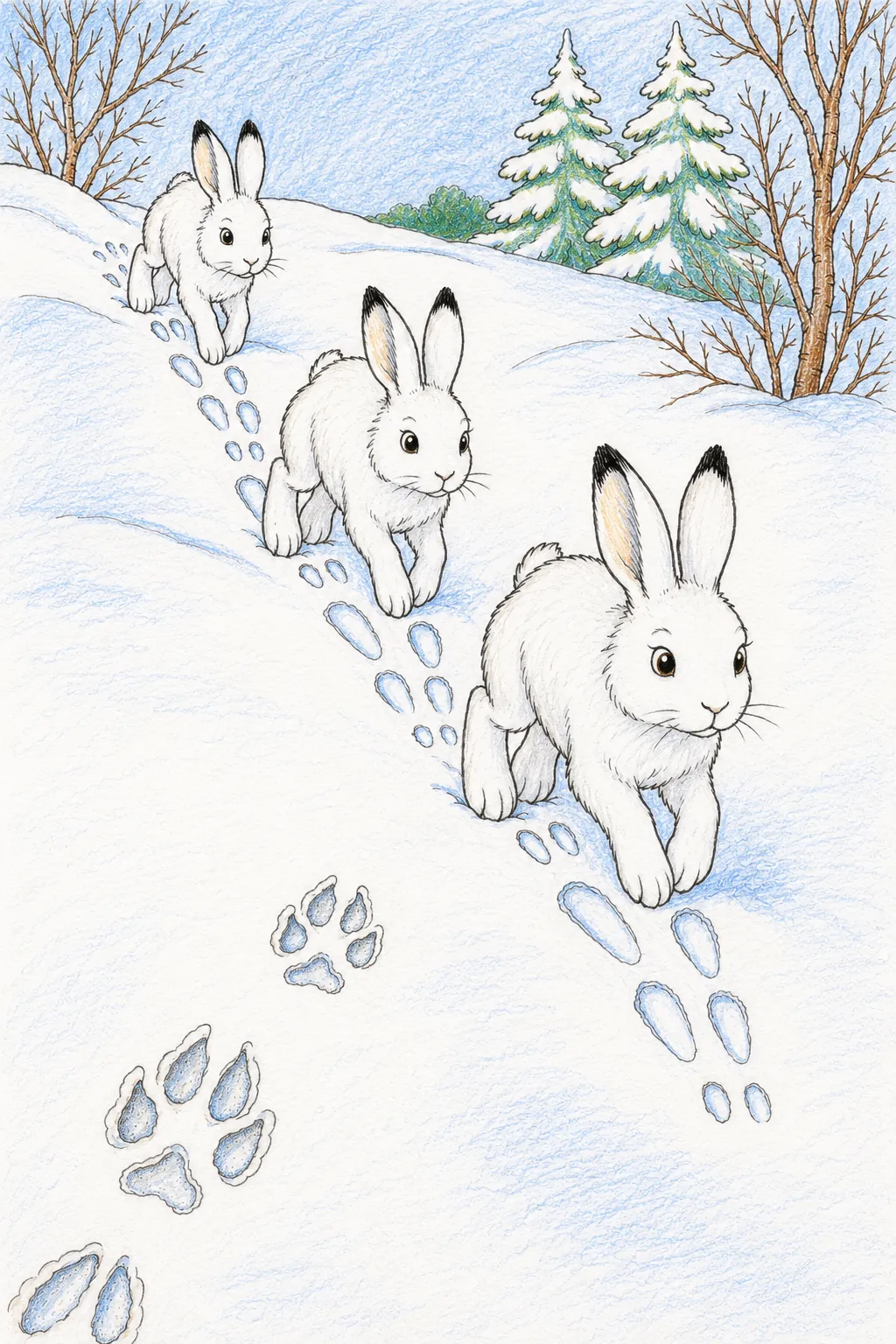 三只雪兔精灵一个接一个奔跑，在深雪中留下相同的足迹