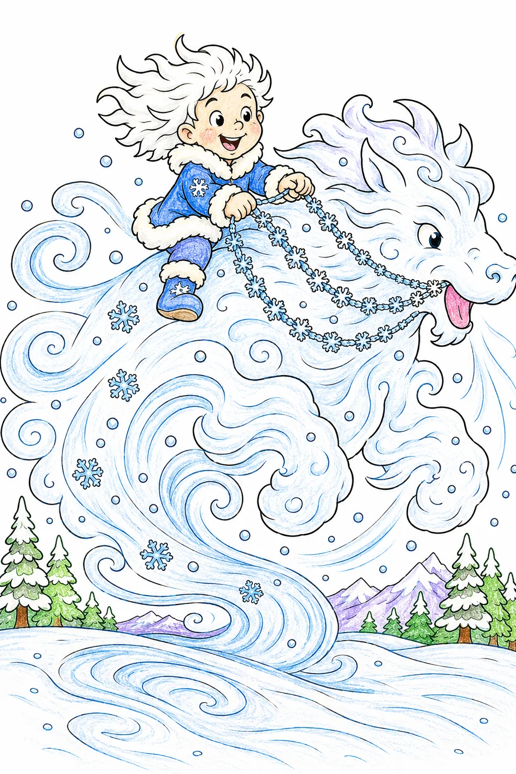 Schneekind reitet auf dem Rücken des Schneesturms und lenkt ihn sanft wohin er soll