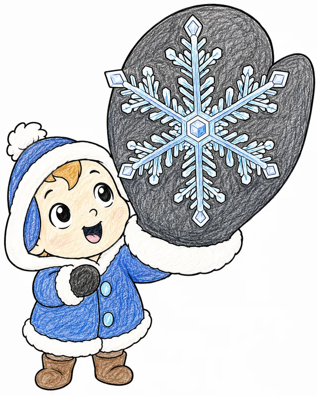 Ausmalbild: Schneekristall-Kind zeigt riesige vergrößerte Schneeflocke auf dunklem Handschuh