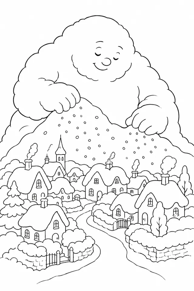雪精灵轻柔地将完美的雪堆堆在沉睡的冬天村庄上