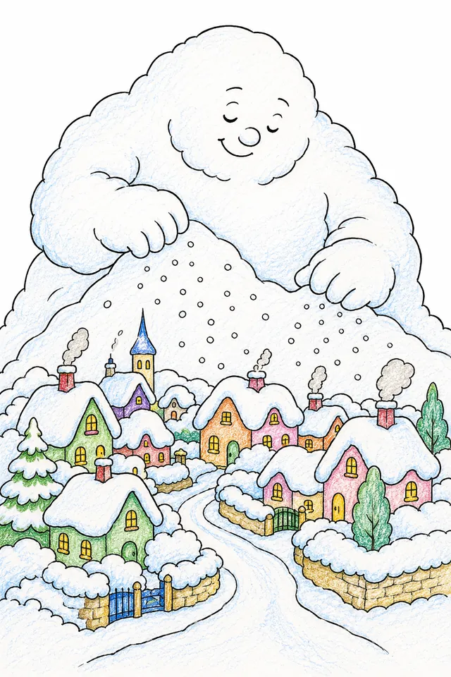 涂色页：巨大温柔的雪精灵温柔地用新雪覆盖沉睡的村庄