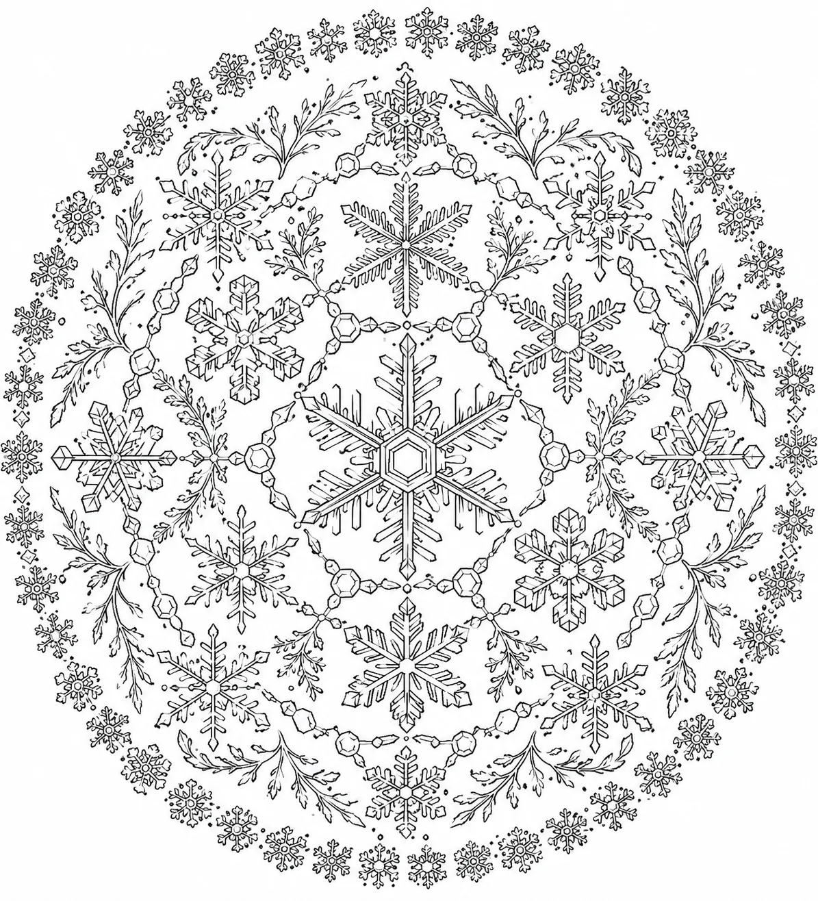 Mandala-Ausmalbild: Kreisförmiges Winter-Mandala aus Schneeflocken und Eiskristallen in mehreren Ringen