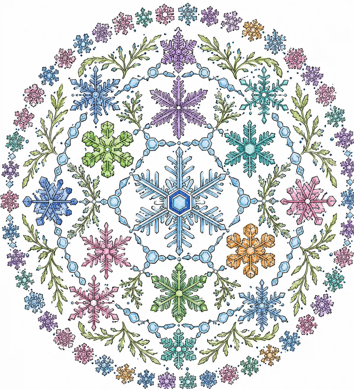 Winter-Sternkristall-Mandala aus Schneeflocken
