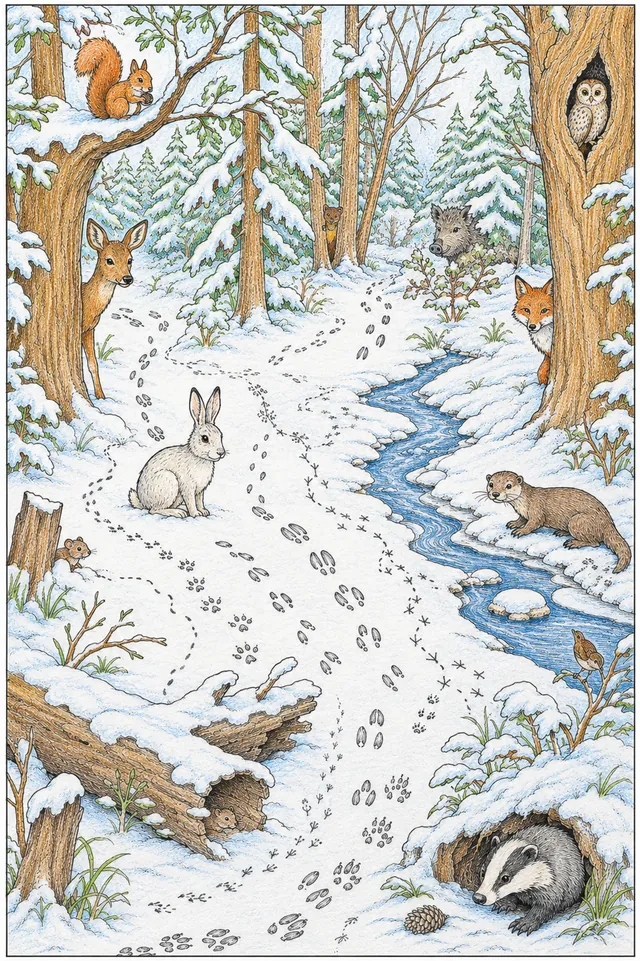 Winterwald-Wimmelbild: Wer war hier? Zehn Tiergeister hinterlassen Spuren im Neuschnee – So könnte es aussehen
