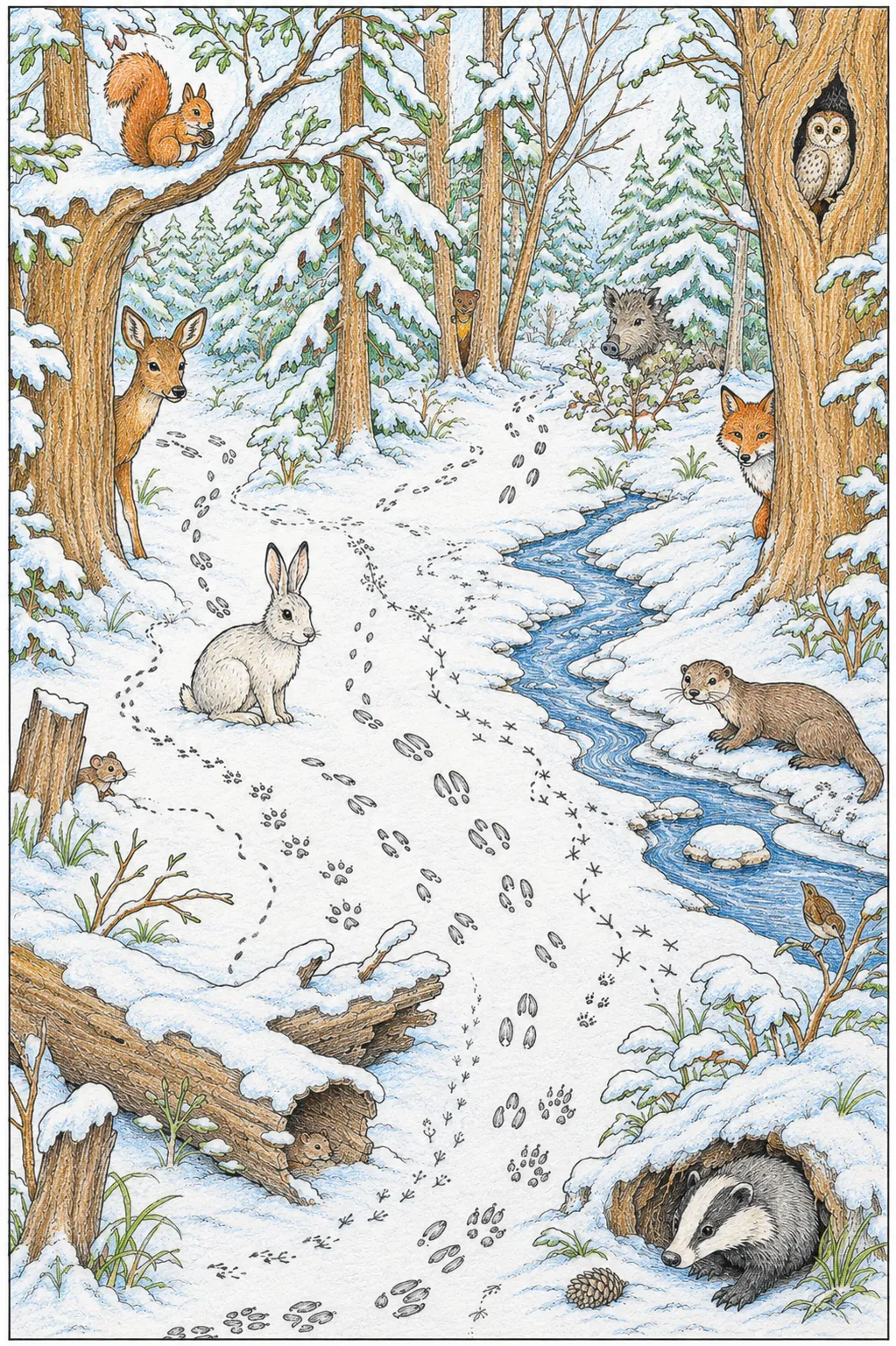 Winterwald-Wimmelbild: Wer war hier? Zehn Tiergeister hinterlassen Spuren im Neuschnee