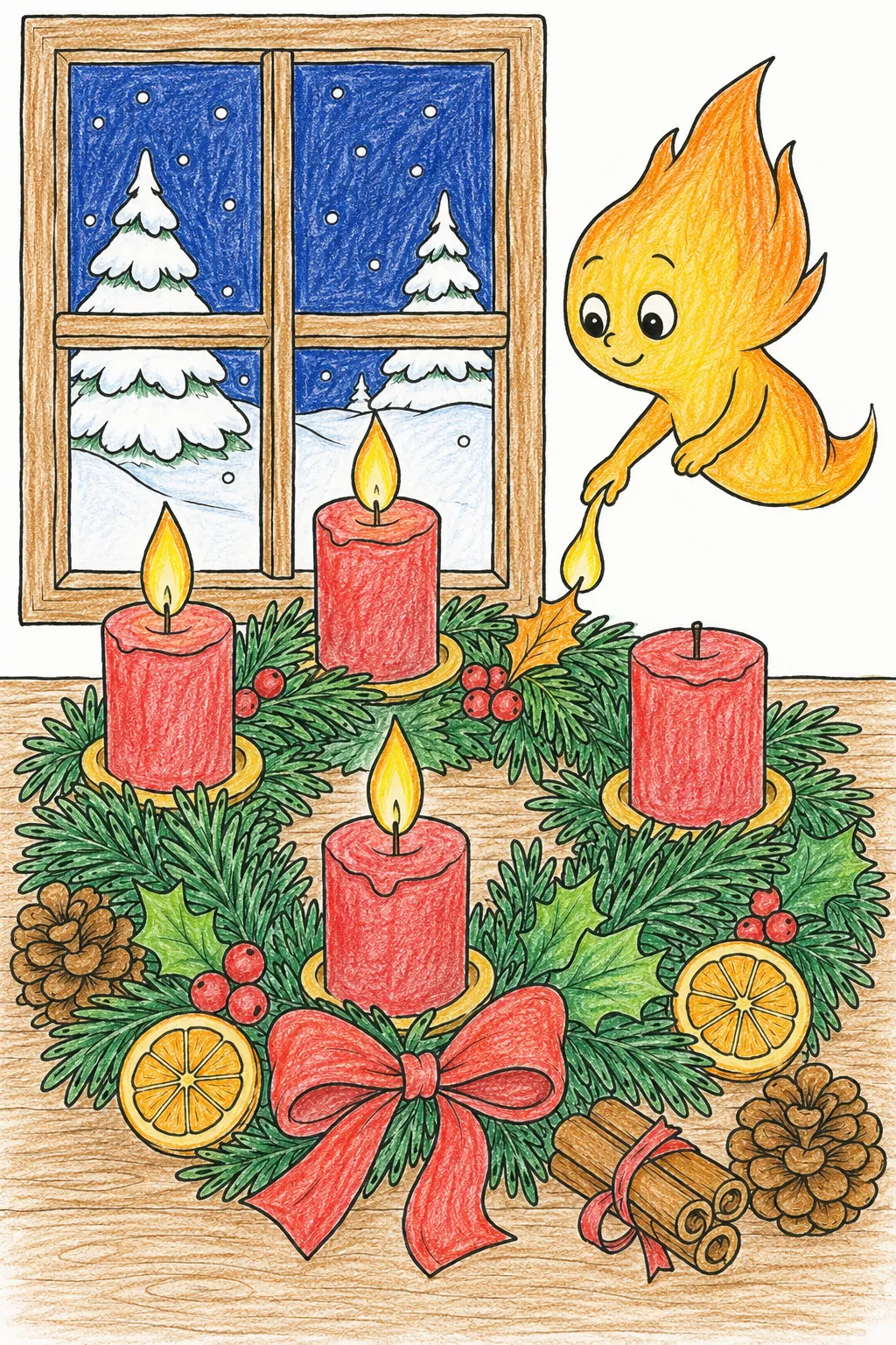 Adventskerzen-Geist entzündet die vier Kerzen des Adventskranzes nacheinander