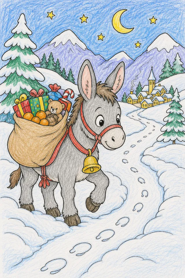 Weihnachts-Ausmalbild: Kleiner Nikolaus-Esel mit Geschenksack stapft durch tiefen Dezemberschnee