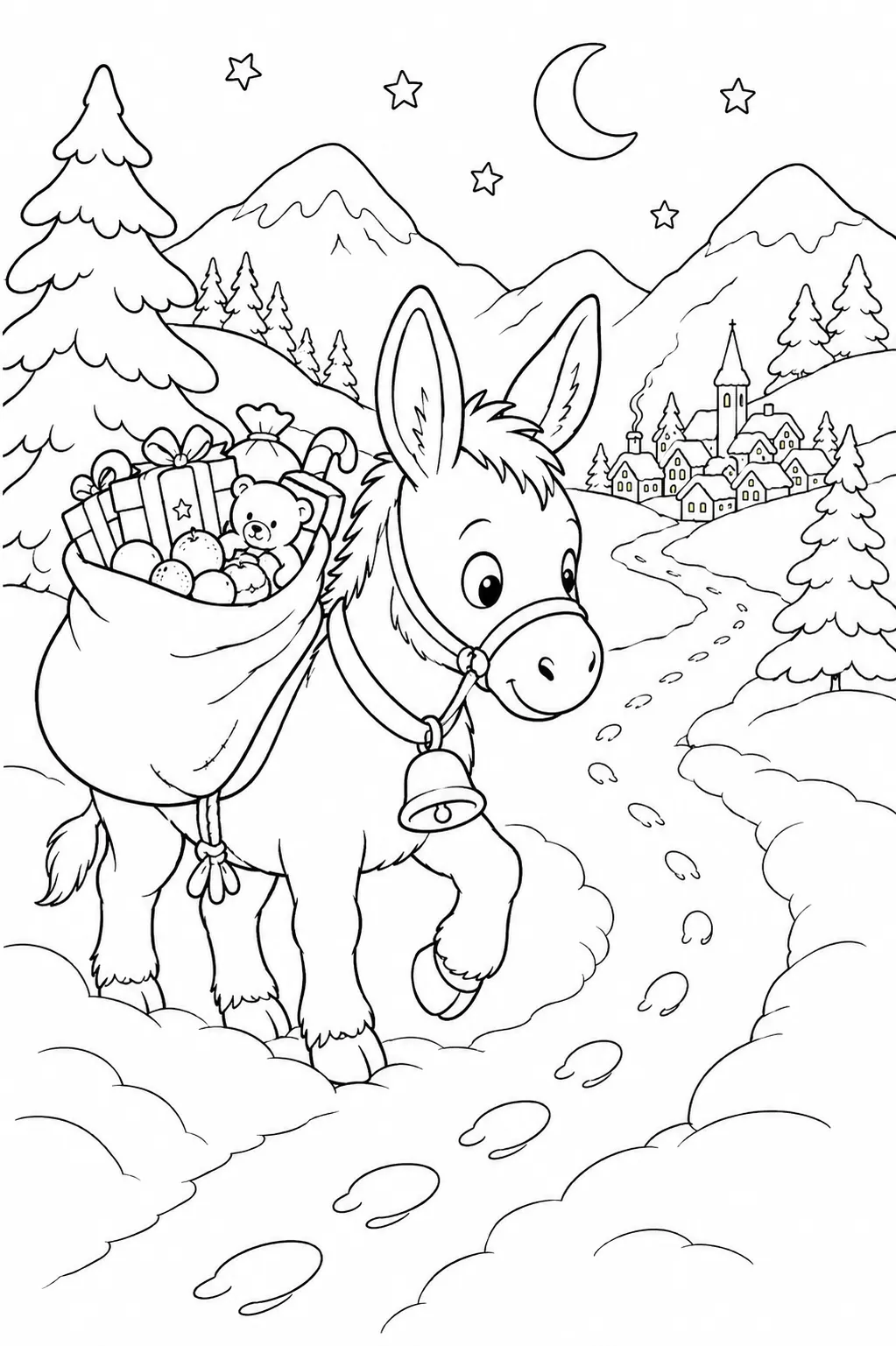Weihnachts-Ausmalbild: Kleiner Nikolaus-Esel mit Geschenksack stapft durch tiefen Dezemberschnee