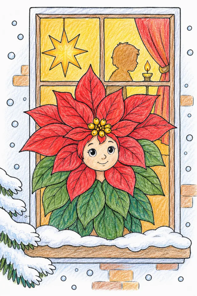 Weihnachts-Ausmalbild: Weihnachtsstern-Geist leuchtet warm-rot im Dezember-Fenster bei Winternacht