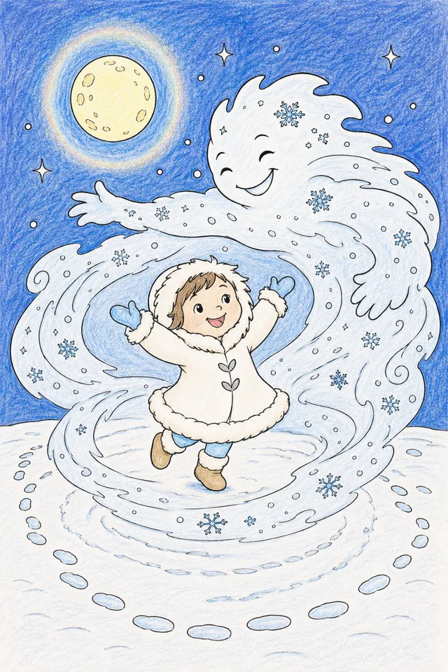 Winterkind und Schneegeist tanzen im Mondlicht auf der gefrorenen Wiese – So könnte es aussehen