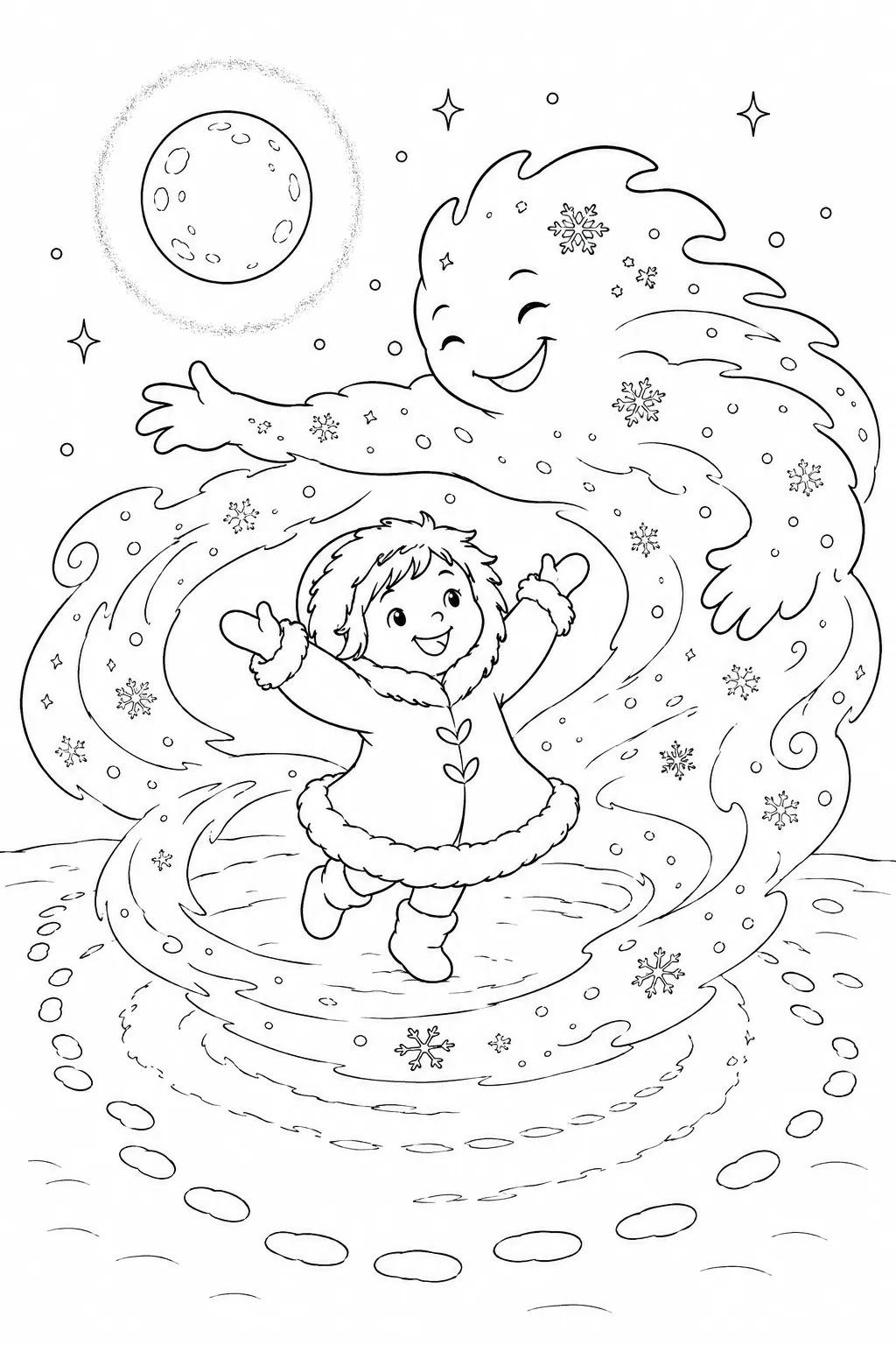 Ausmalbild: Winterkind und Schneegeist tanzen zusammen auf gefrorener Wiese im Mondlicht