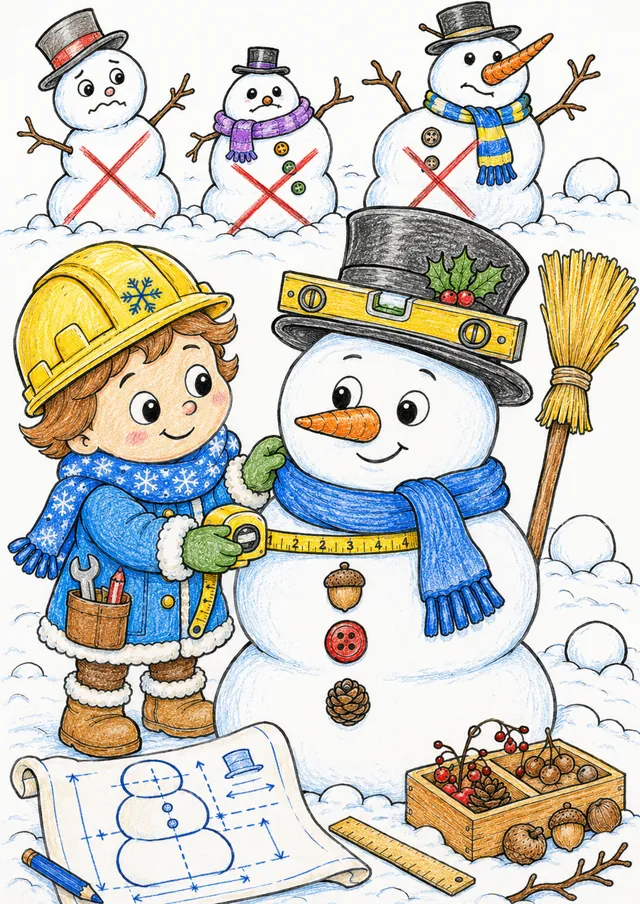 Ausmalbild: Winterkind mit Bauplan baut Schneemann, drei misslungene Versuche im Hintergrund