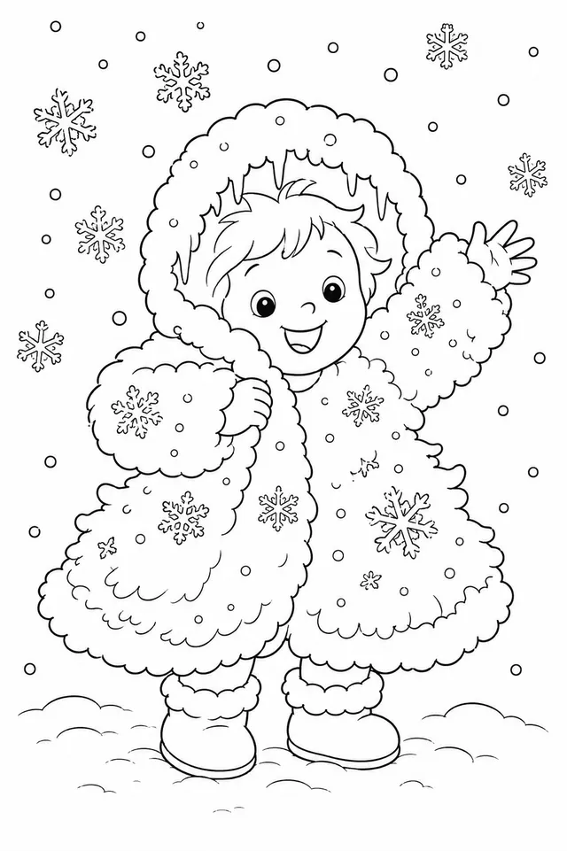 Winterkind legt seinen ersten Schneemantel des Jahres an und freut sich