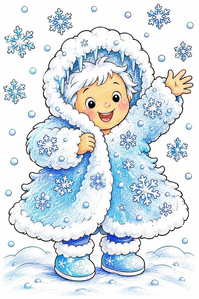 Ausmalbild: Rundes glückliches Winterkind zieht flauschigen Schneemantel aus Schneeflocken an